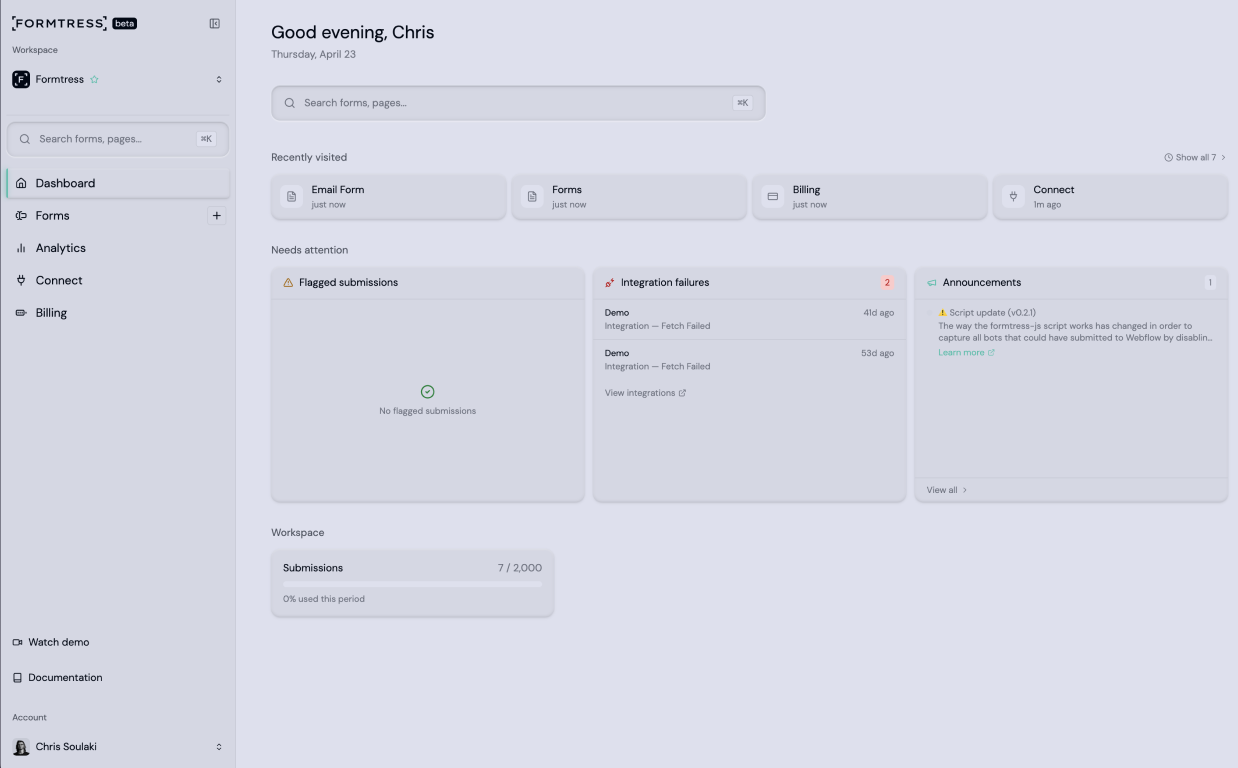 Formtress dashboard — desktop view